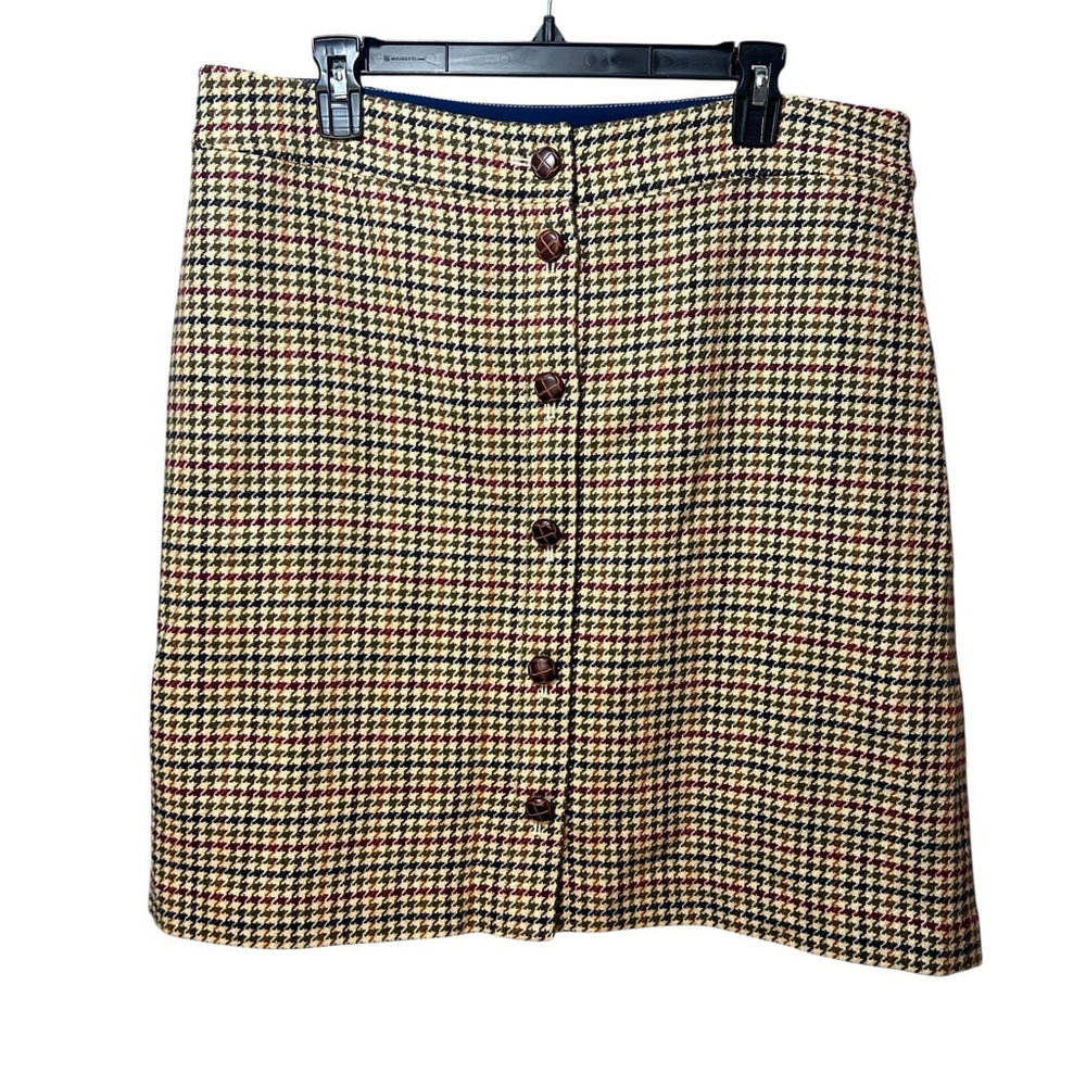 Talbots Skirt Size 16 Tan Houndstooth Plaid Button Front Skirt Wool Blend Lined